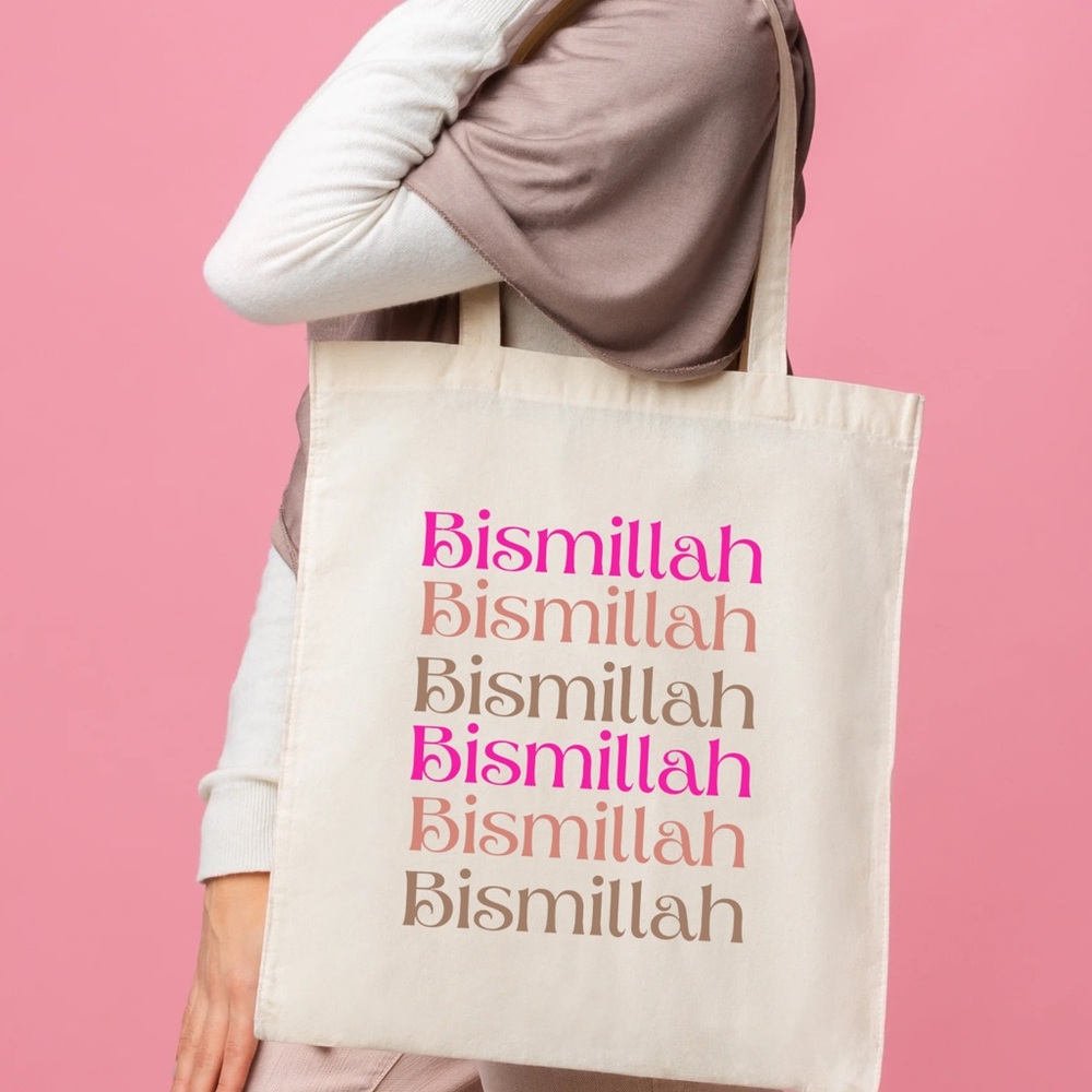 Bismillah Tote Bag with Pink and Brown Text